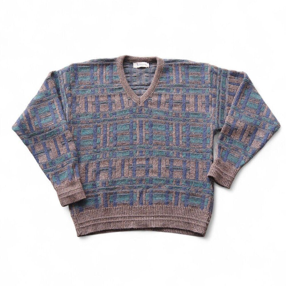 Jantzen Vintage Sweater Men’s‎ L Geometric Pattern Taupe Blue Teal Knit Pullover